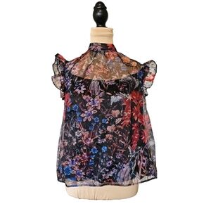 Maeve Floral Black Mesh Top With Built in Under Shirt Sz M